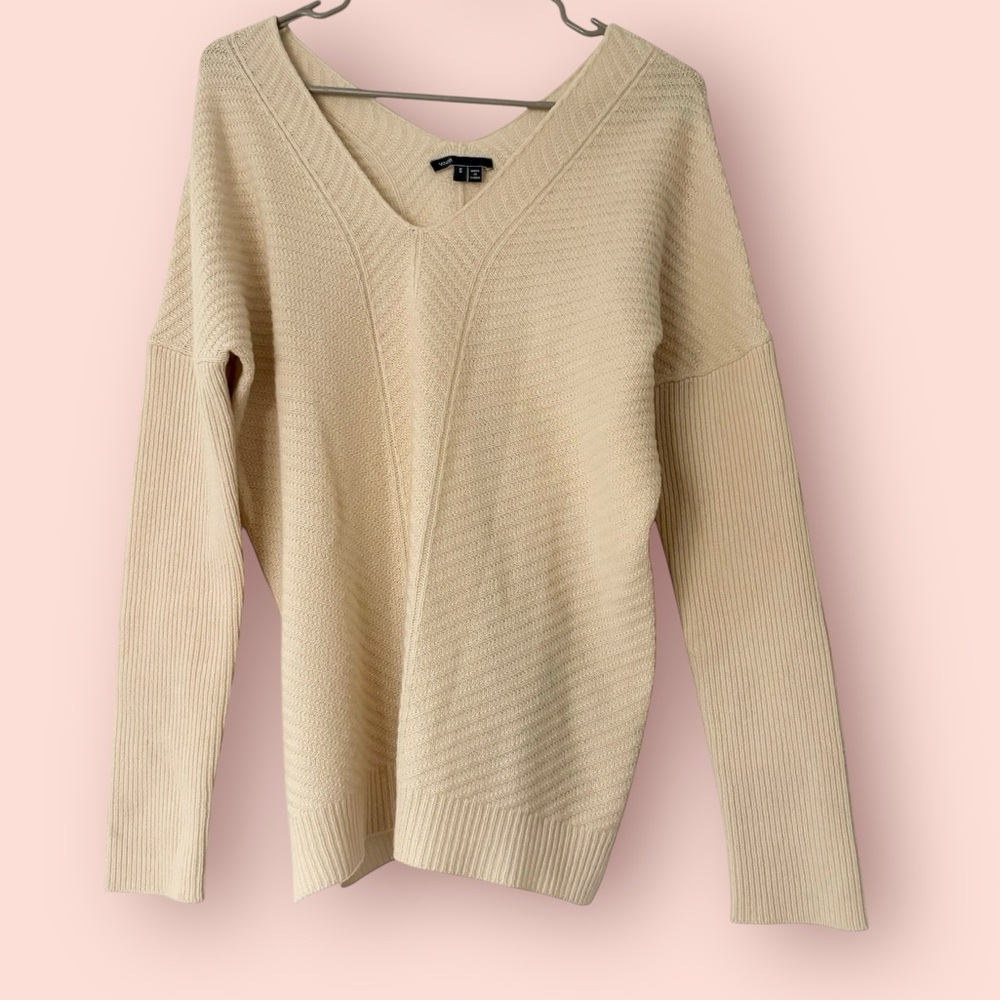 VINCE Wool Cashmere Chevron Double V Neck Sweater